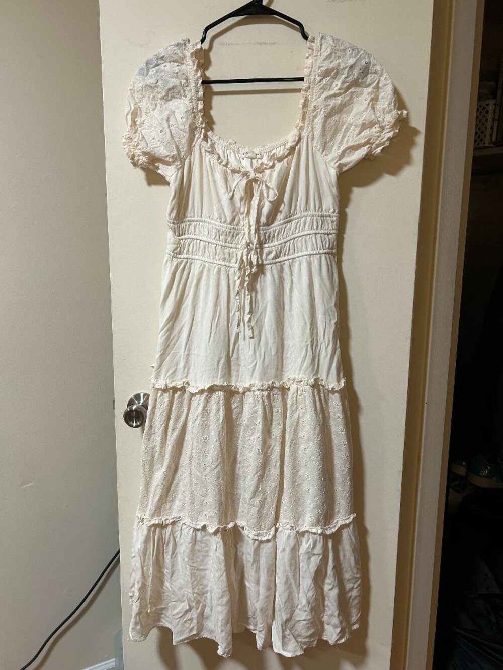By the River -- white tiered maxi dress, puffed sleeves, lace details